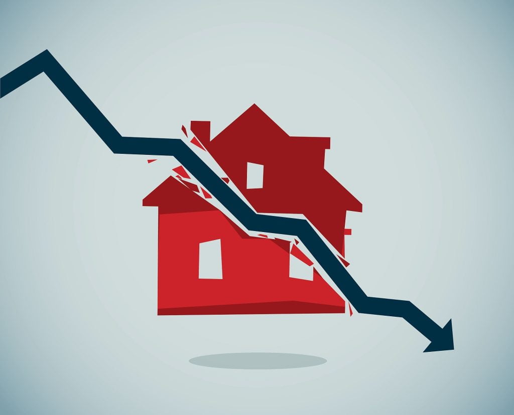 Graphic of house with chart arrow slicing down though it