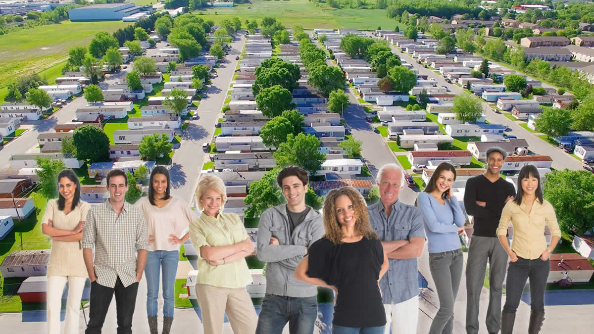 A mobile home park with diverse people in front